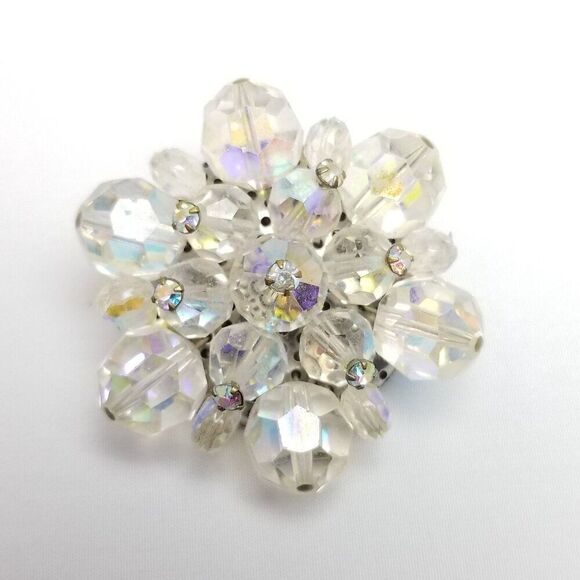 Vintage Beaded AB Cluster Brooch, Flower Snowflake Shape Lapel Pin, Estate - Picture 2 of 6